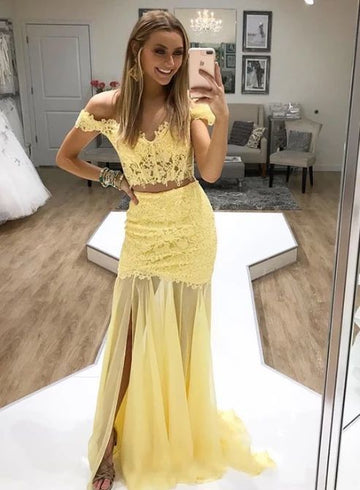 Yellow lace two pieces long prom dress, evening dress HZ1023